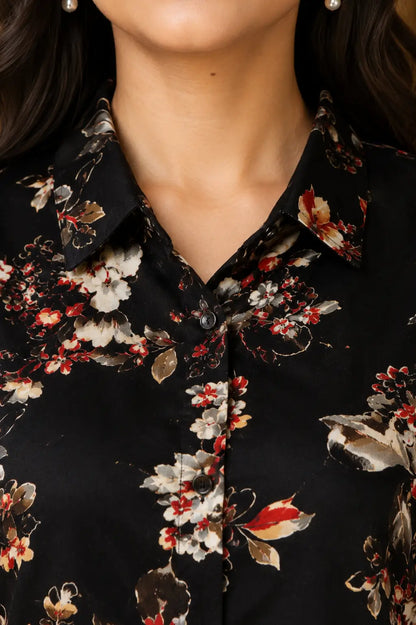 Rabric black rayon floral print co-ord shirt collar neck design close up with front button detail