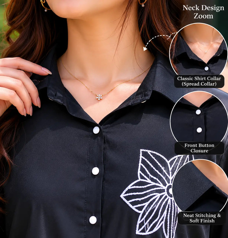 Close-up of Rabric black rayon shirt collar neck design with button placket and white floral embroidery on women co-ord set