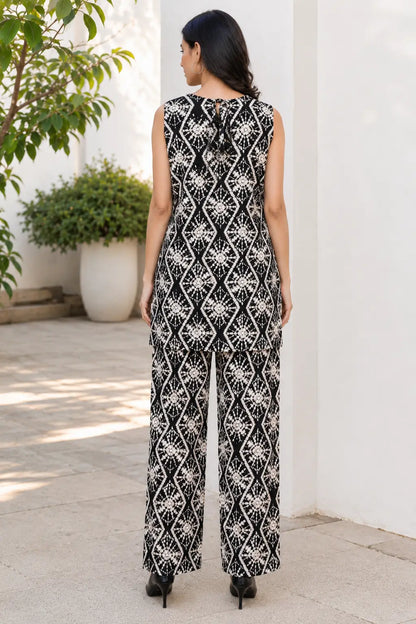 Rabric black rayon women’s co-ord set with cream geometric floral print, sleeveless tunic top and matching pants back view