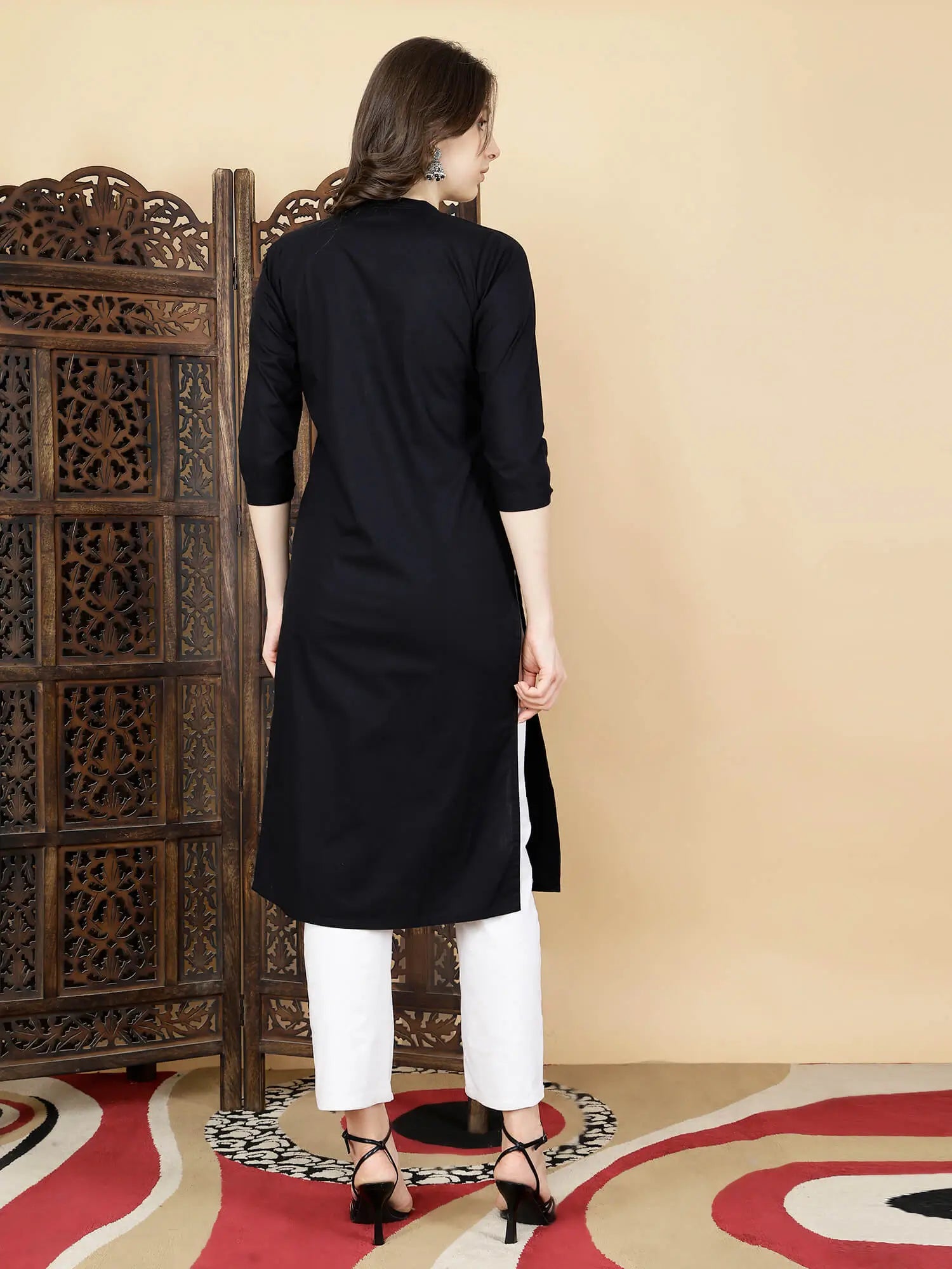 Back view of Rabric Black Long Kurti for Women