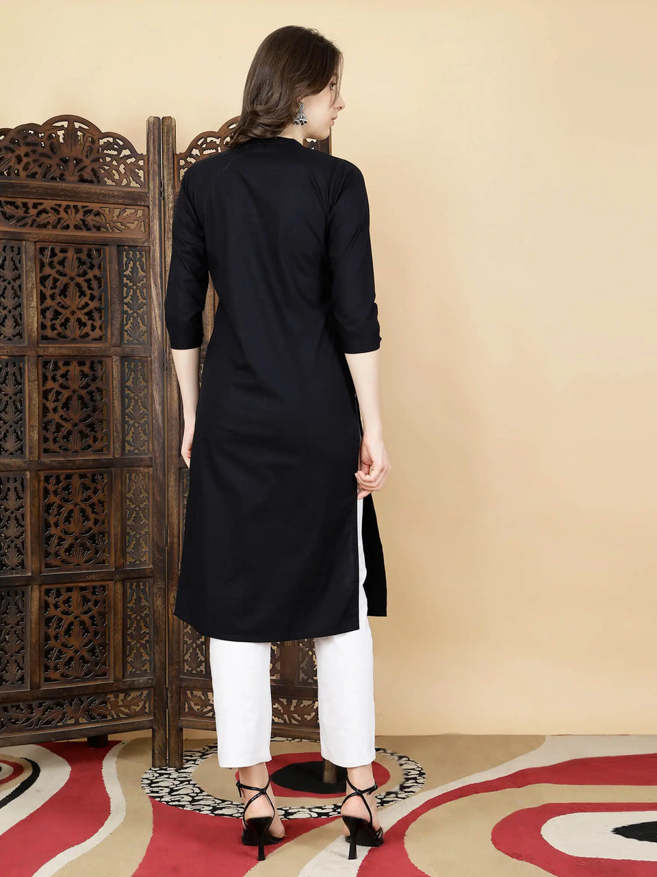 Back view of Rabric Black Long Kurti for Women