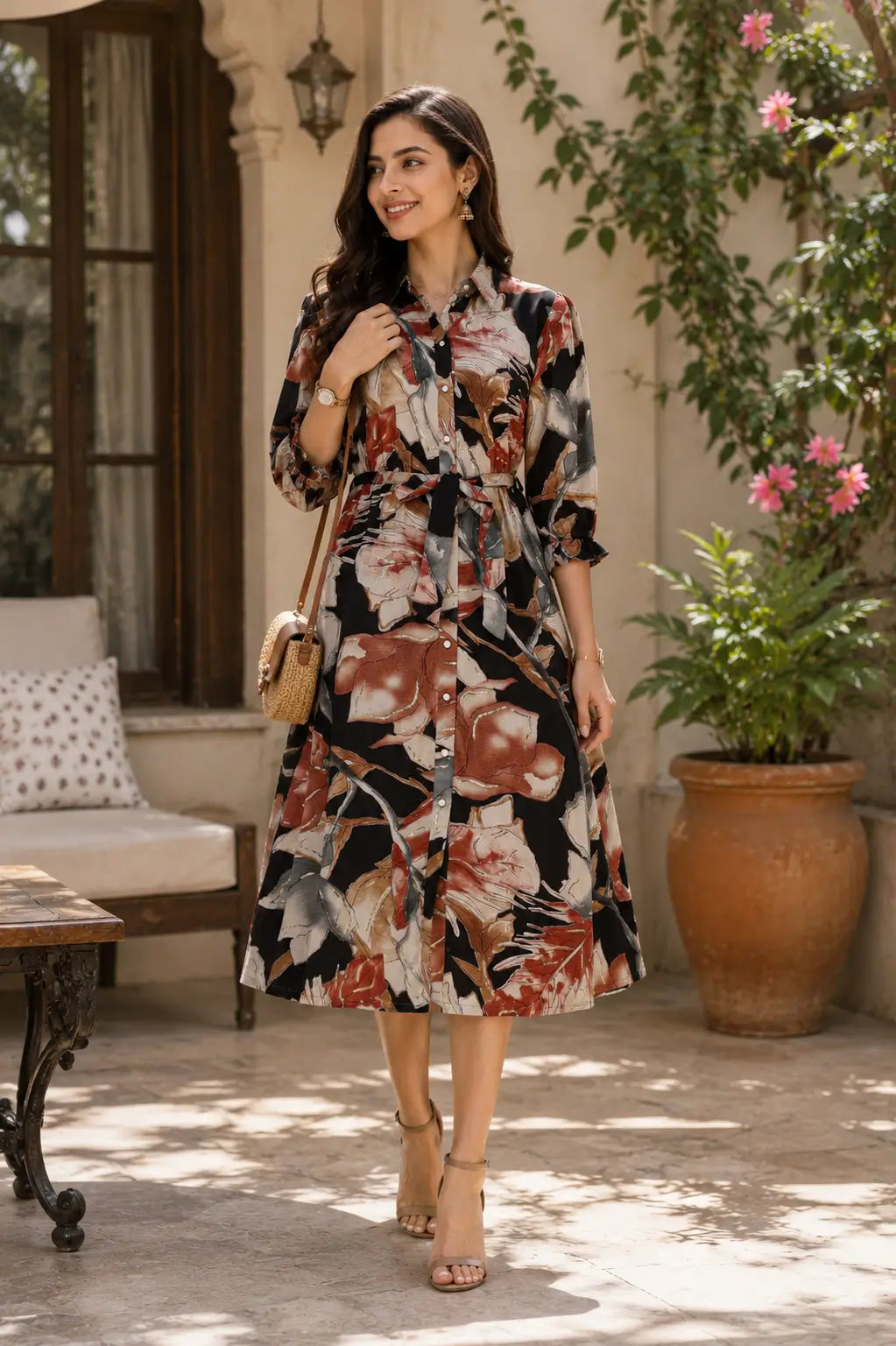 Rabric women black rust floral rayon kurti dress lifestyle walking pose with casual accessories and elegant ethnic fashion styling