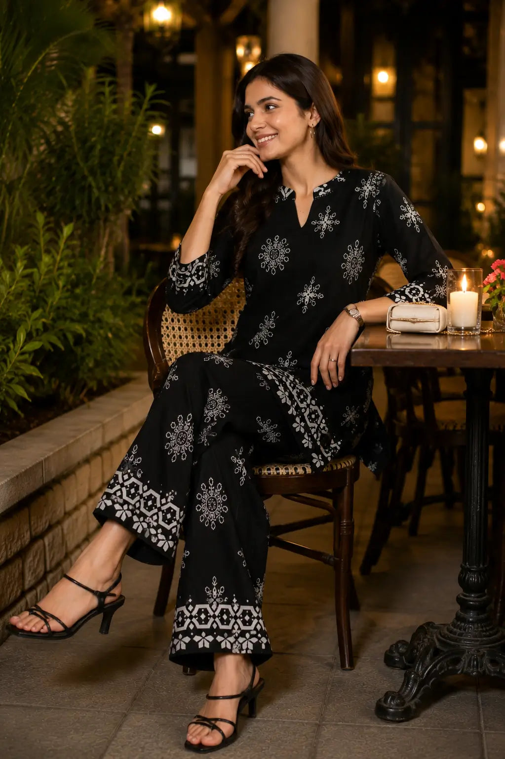 Rabric black Vertican Silk casual chic co-ord set with white floral geometric print shown in elegant sitting lifestyle pose with accessories