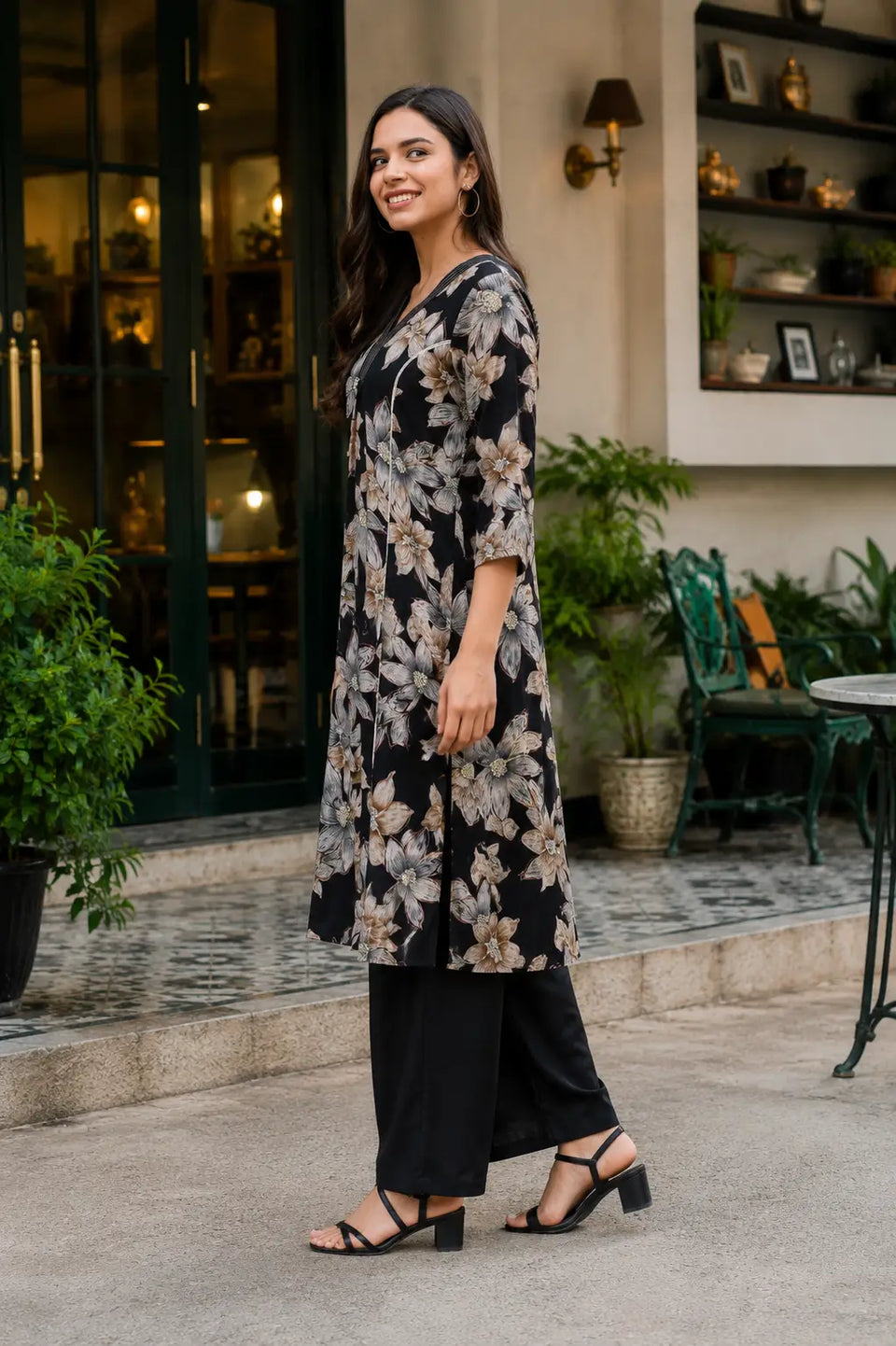 Rabric black Vertican Silk floral print co-ord set side view with 3/4 sleeve short kurta and relaxed pants