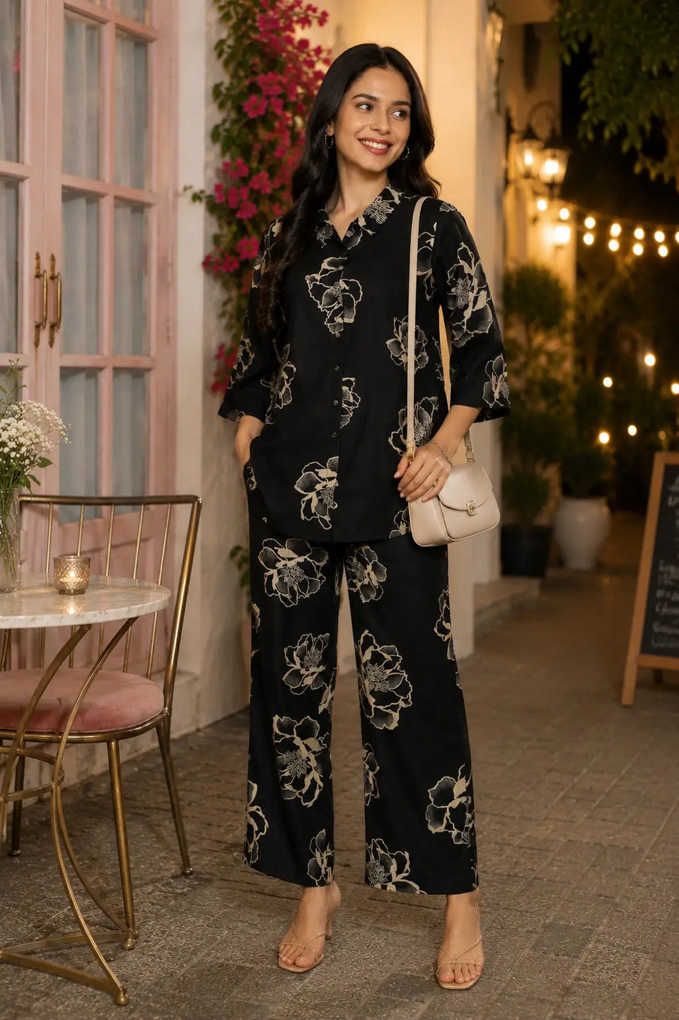 Rabric black Vertican Silk floral print women co-ord set styled for evening date look with casual accessories