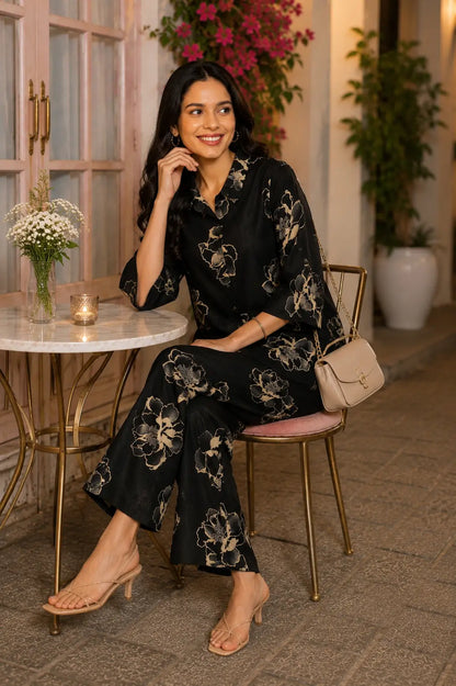 Rabric black Vertican Silk floral print women co-ord set in casual sitting pose with handbag and heels
