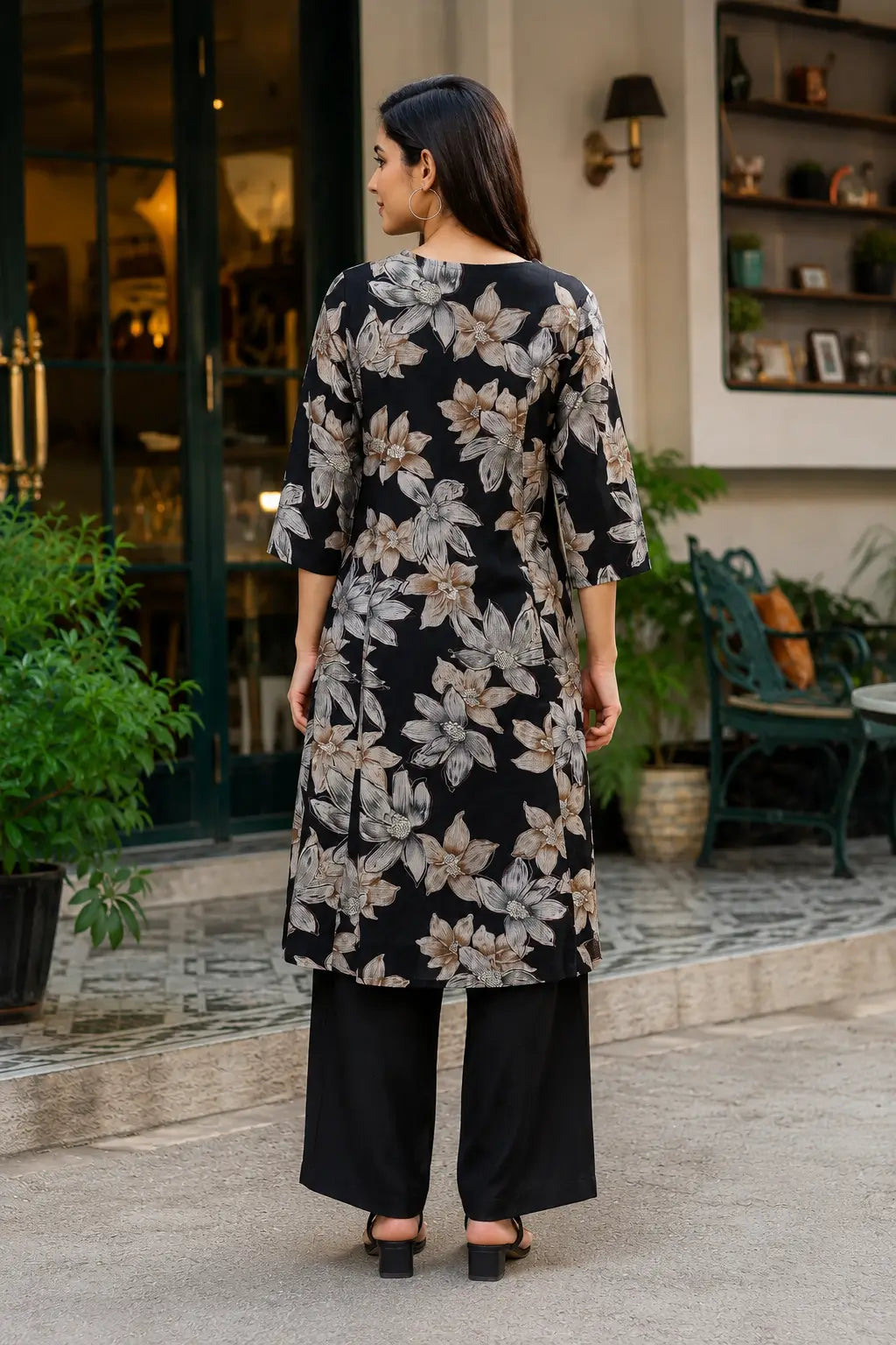 Rabric black Vertican Silk floral print women co-ord set back view showing short kurta and no pocket pants