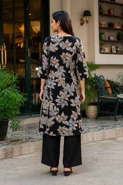 Rabric black Vertican Silk floral print women co-ord set back view showing short kurta and no pocket pants