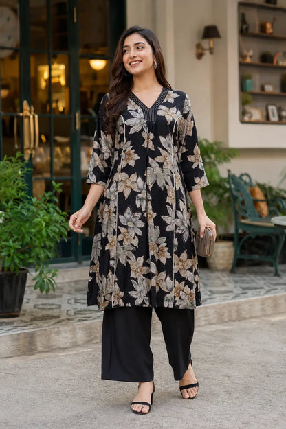 Rabric black Vertican Silk floral print co-ord set front view with 3/4 sleeve short kurta and wide pants for women