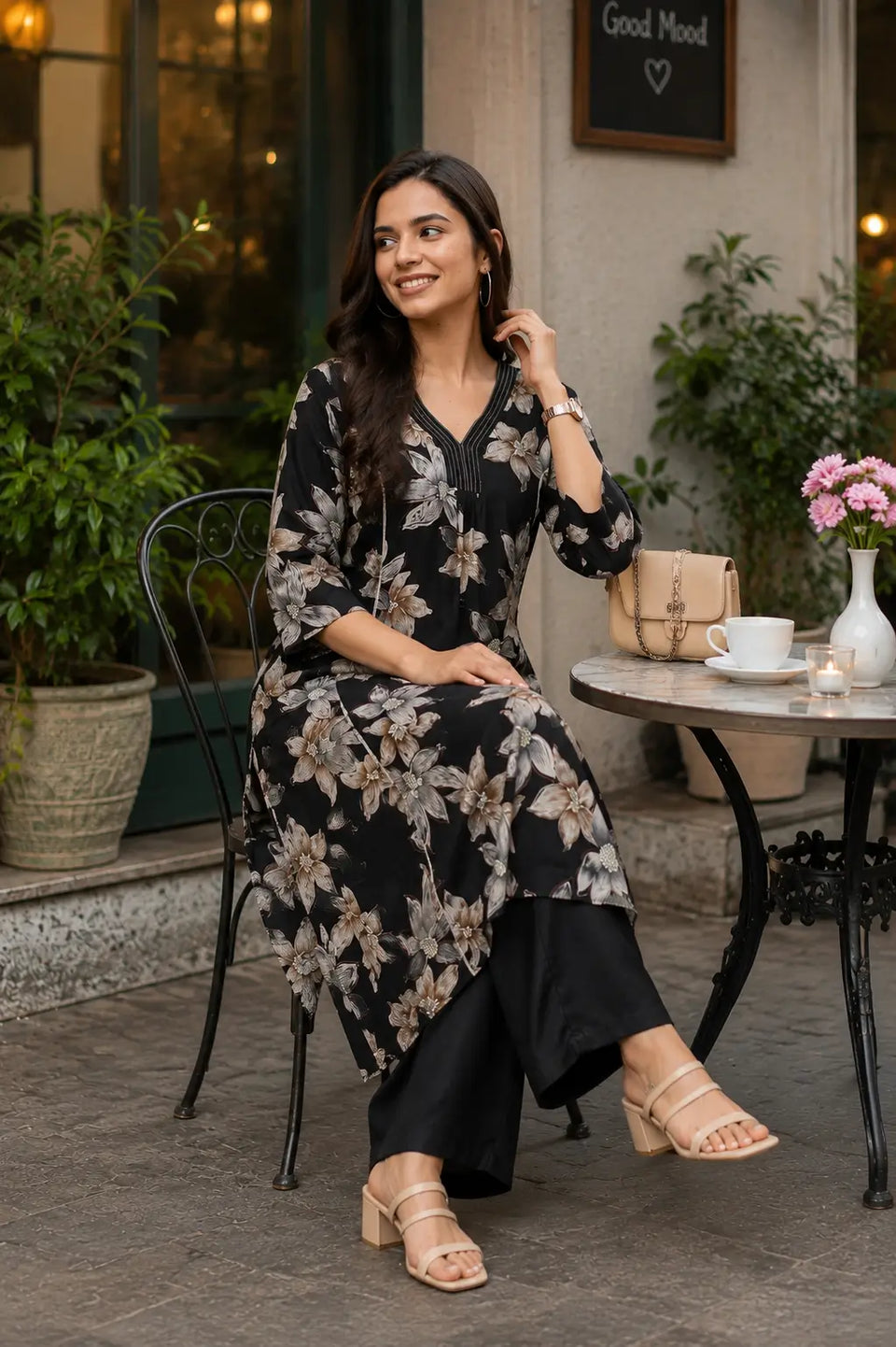 Rabric black Vertican Silk floral print co-ord set sitting pose with handbag and casual accessories
