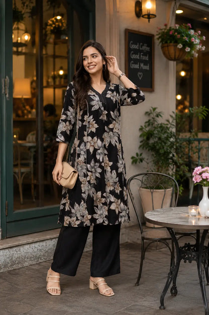 Rabric black Vertican Silk floral print women co-ord set lifestyle look with casual accessories
