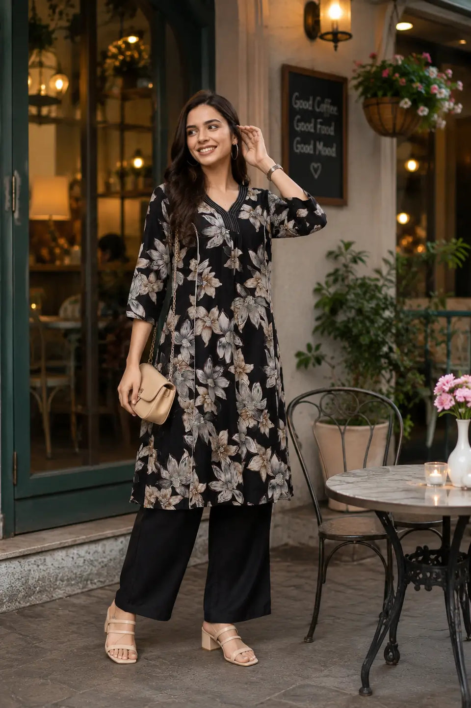 Rabric black Vertican Silk floral print women co-ord set lifestyle look with casual accessories