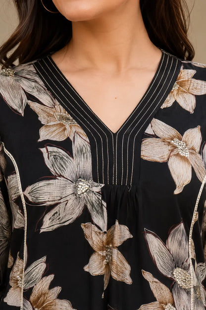 Rabric black Vertican Silk floral print kurta V neck design zoom with stitch detailing for women co-ord set