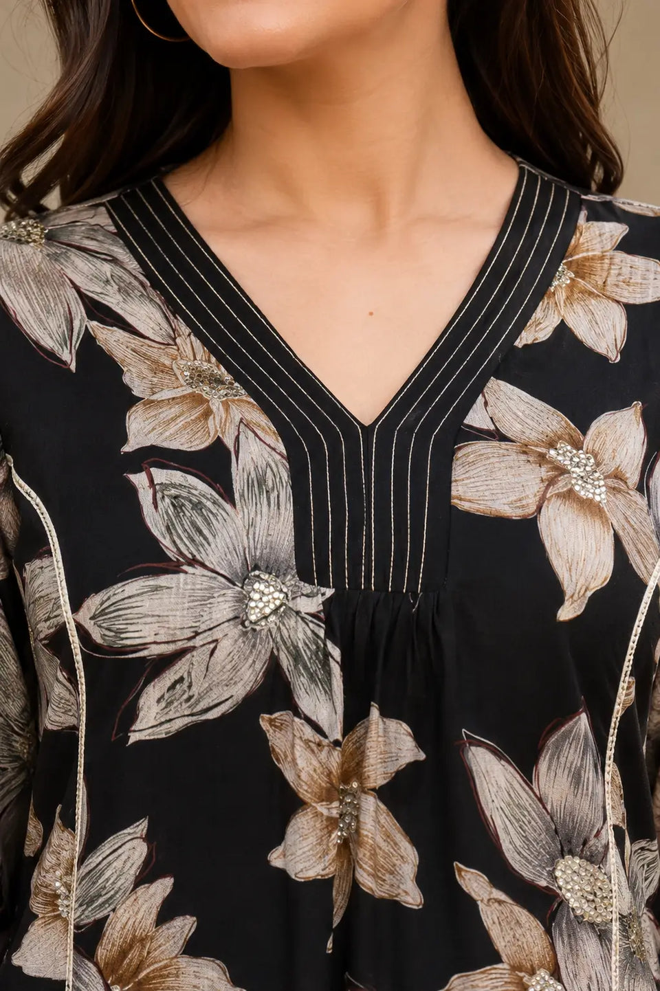 Rabric black Vertican Silk floral print kurta V neck design zoom with stitch detailing for women co-ord set