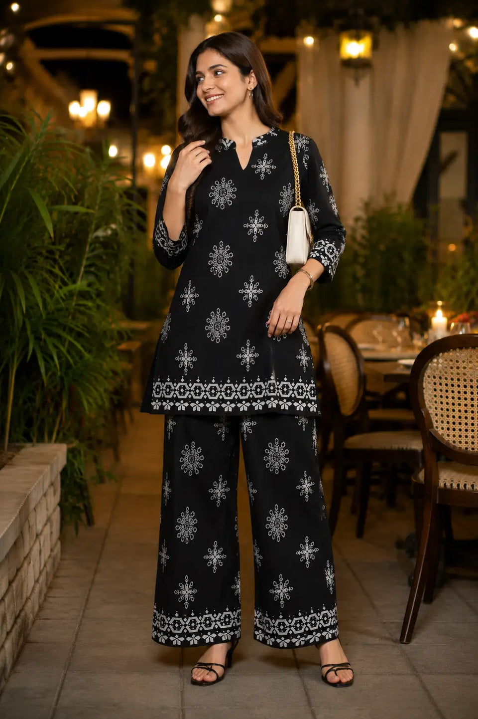 Rabric black Vertican Silk stylish co-ord set for women styled for date night look with elegant floral print and matching accessories