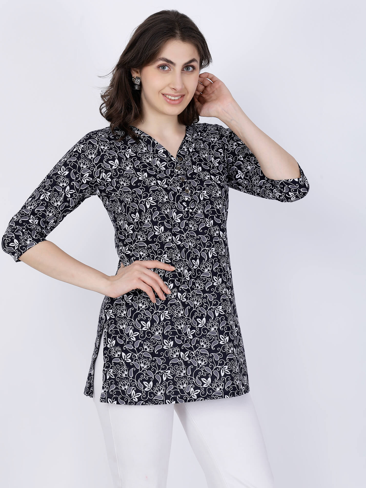 Side View of Rabric Floral Printed Short Cotton Kurti
