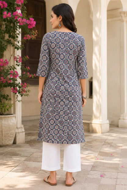 Back view of Rabric blue Ajrakh printed cotton kurti for women stylish straight fit ethnic kurta