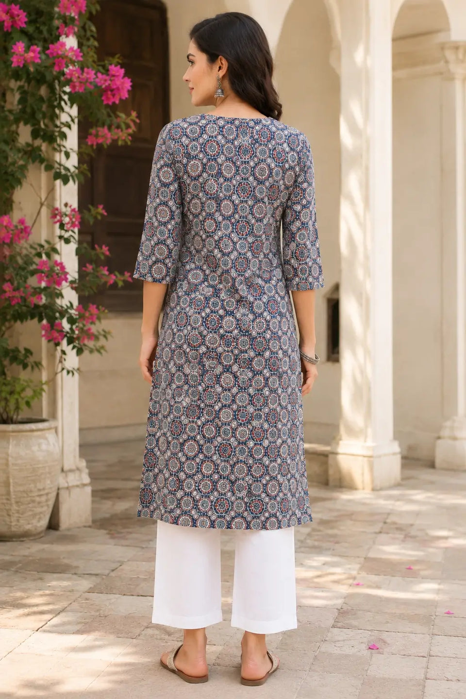 Back view of Rabric blue Ajrakh printed cotton kurti for women stylish straight fit ethnic kurta