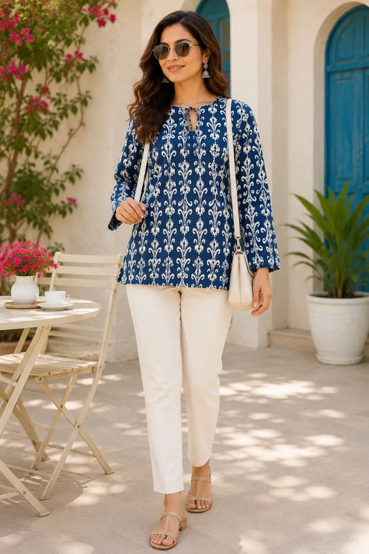 RABRIC blue boho style women’s printed top with handbag and sunglasses