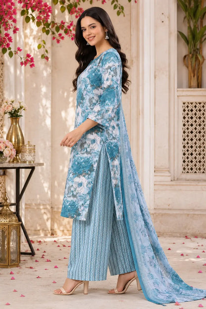 Side angle view of Rabric blue floral cambric cotton kurta pant set with matching dupatta for women