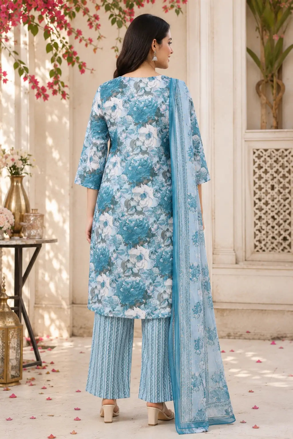 Back view of Rabric blue floral cambric cotton kurta pant set with dupatta for women long kurta design with no pockets