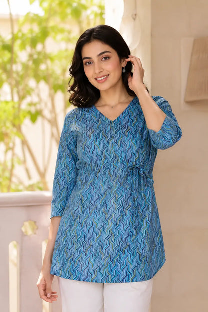 Rabric blue cambric cotton short top for women with V neck and 3/4 sleeves front view stylish casual cotton tunic top