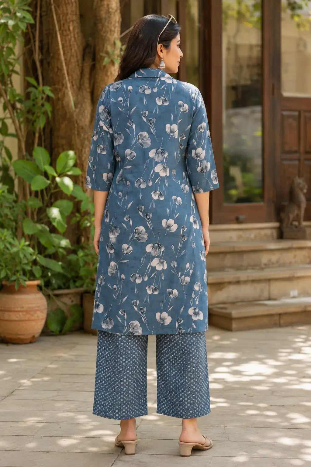 Back view of RABRIC blue floral cotton kurta and palazzo co-ord set for women