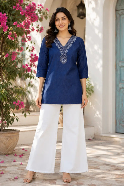 Rabric women blue cotton embroidered V neck short top front view with 3-4 sleeves stylish casual ethnic wear