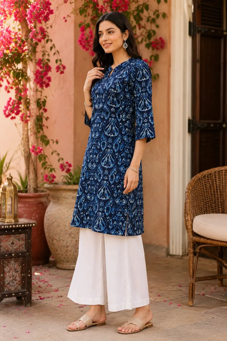 Side angle view of Rabric blue cotton ethnic kurti with stylish white palazzo pants and elegant 3-4 sleeves