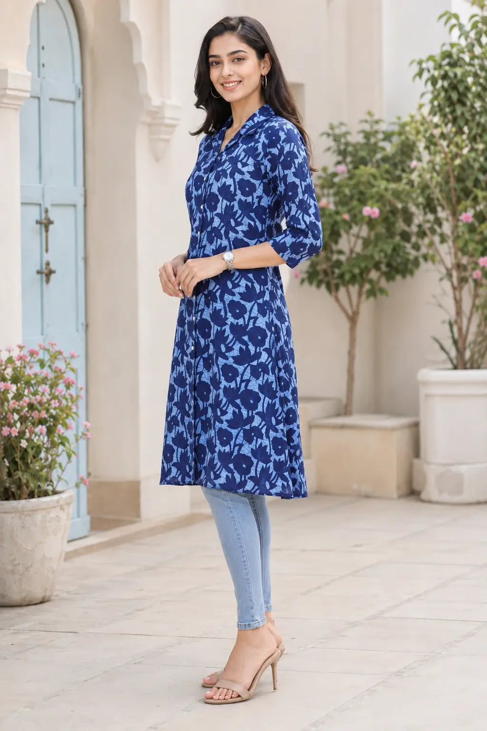 Rabric blue cotton floral printed button down collared kurti for women showing relaxed fit and side profile