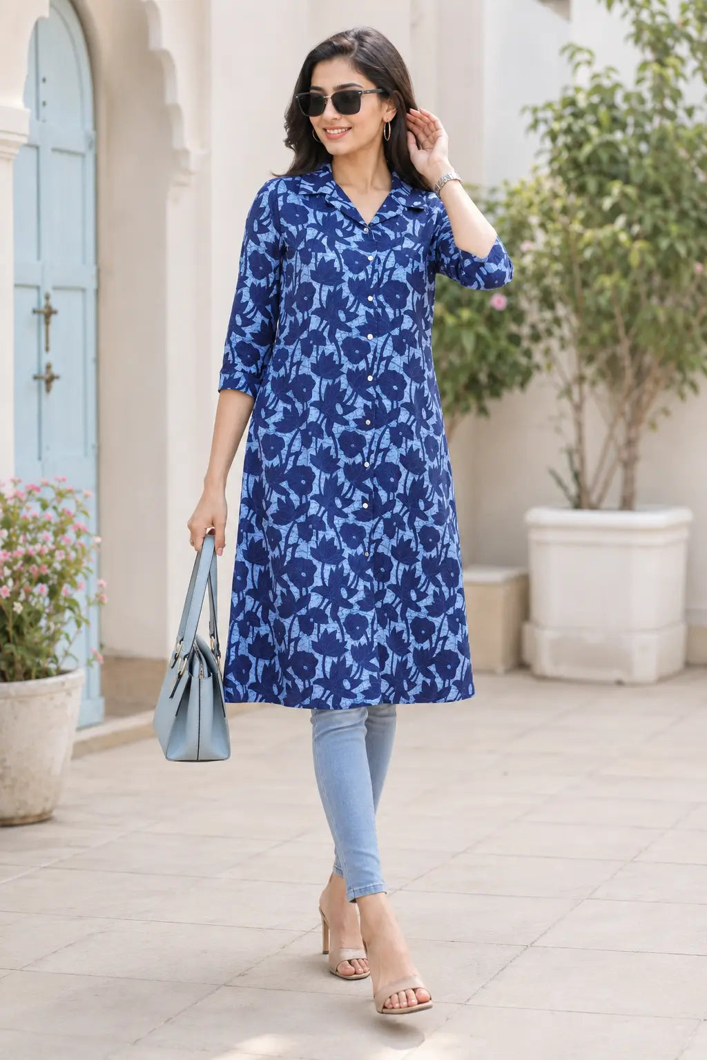 Rabric blue cotton floral printed button down kurti for women styled with sling bag and sunglasses for casual outings