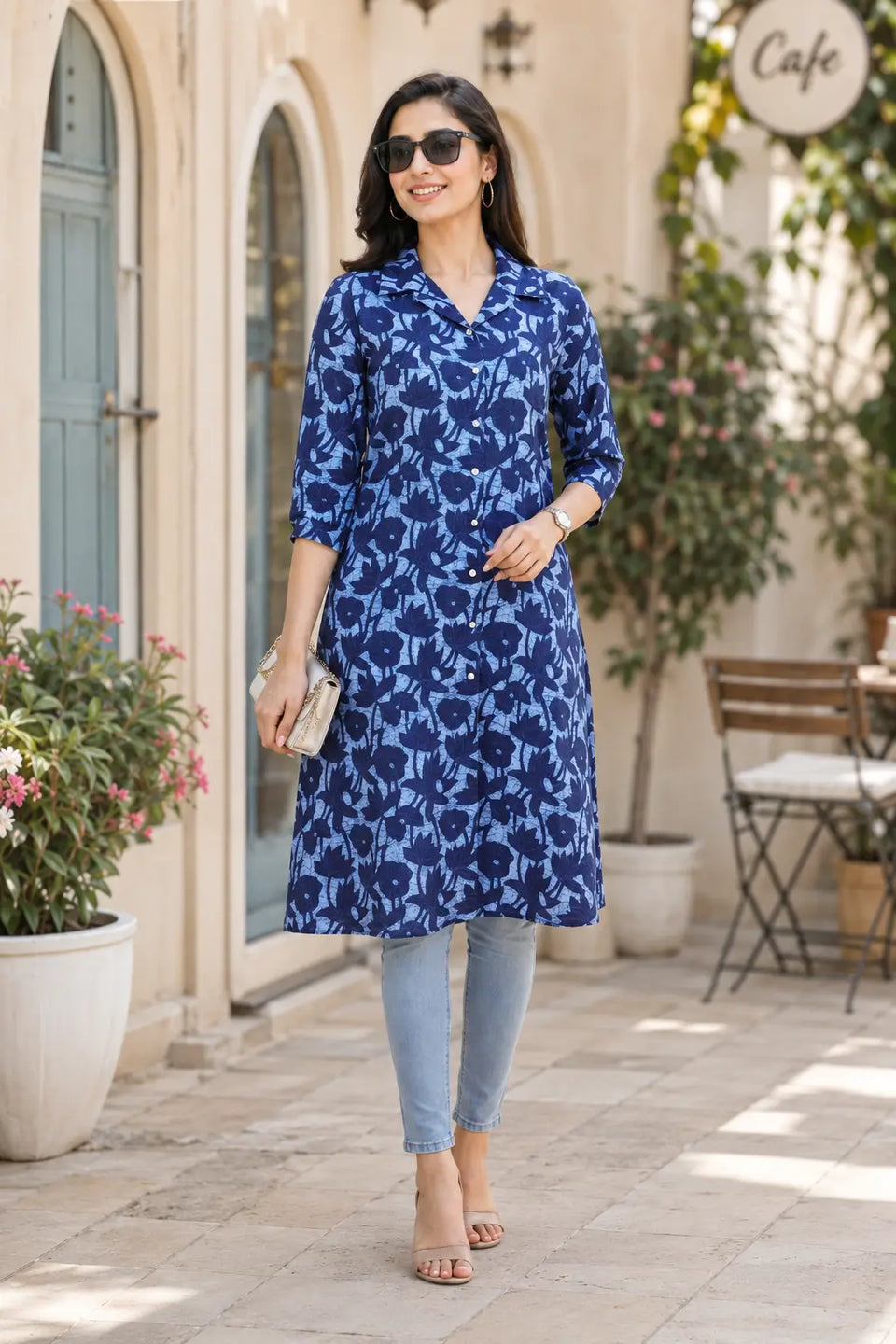 Rabric blue cotton floral collared kurti for women styled with jeans and handbag for a casual everyday look