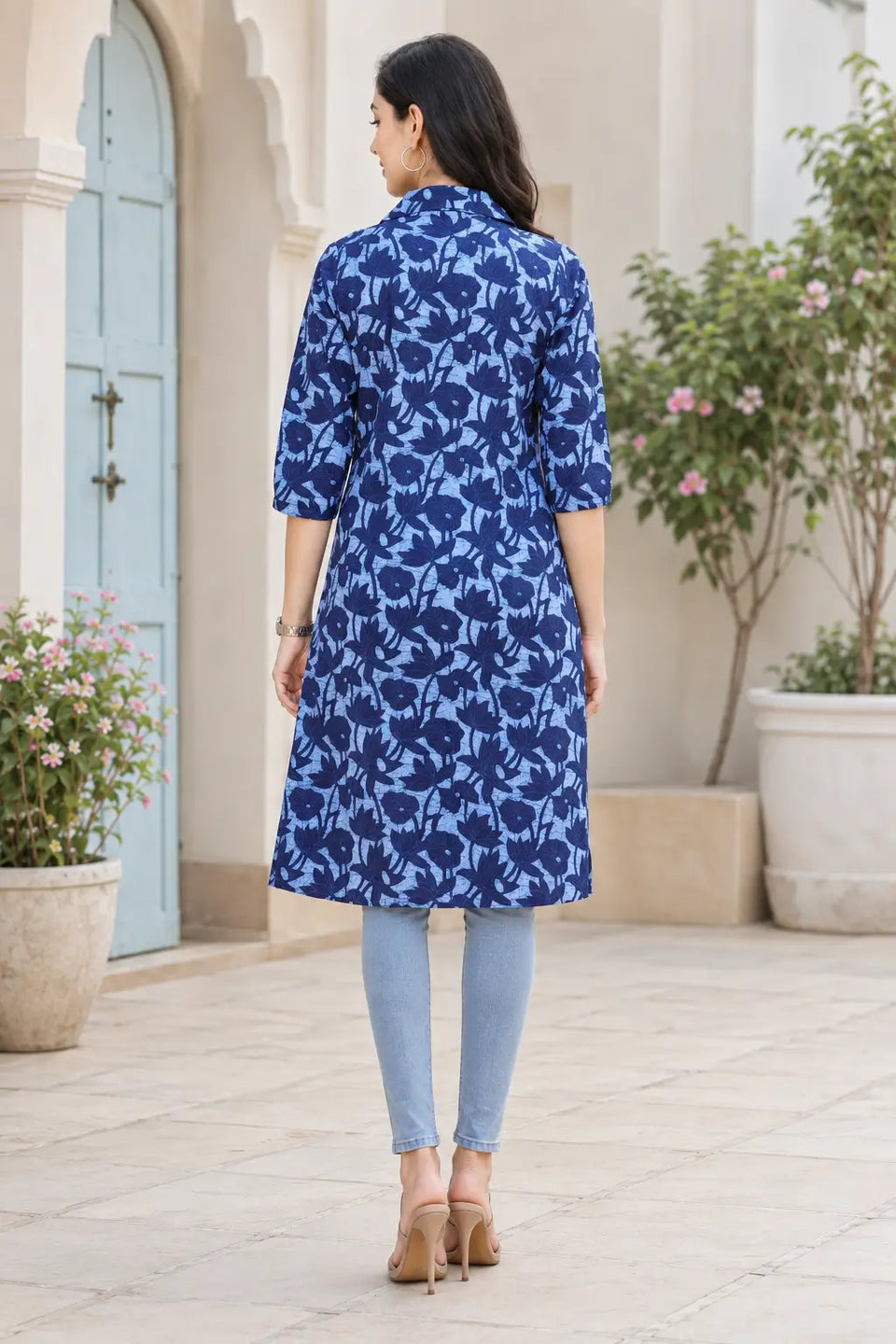 Rabric blue cotton floral printed collared long kurti for women with 3/4 sleeves, full back view