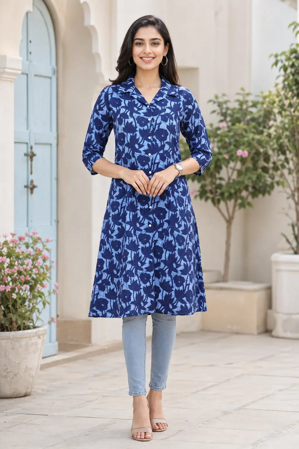 Rabric blue cotton floral printed collared kurti for women with operational front buttons and 3/4 sleeves, front view