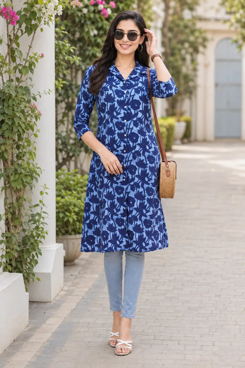 Rabric blue cotton floral printed long kurti for women with collared neck, button front and jeans in outdoor lifestyle look