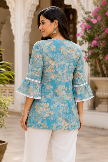 Back view of Rabric blue floral cotton short kurti for women with layered bell sleeves