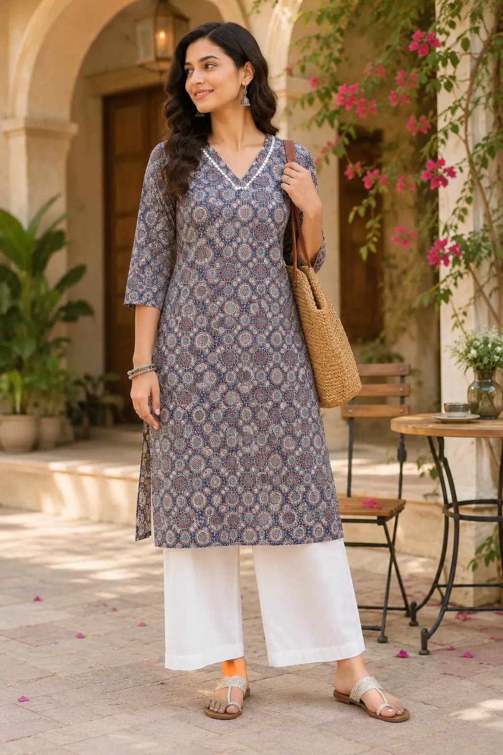Rabric women blue printed cotton kurti lifestyle look with stylish palazzo pants casual Indian wear