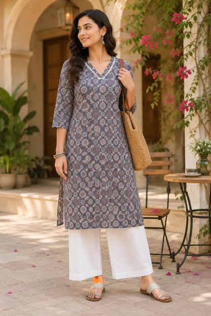 Rabric women blue printed cotton kurti lifestyle look with stylish palazzo pants casual Indian wear