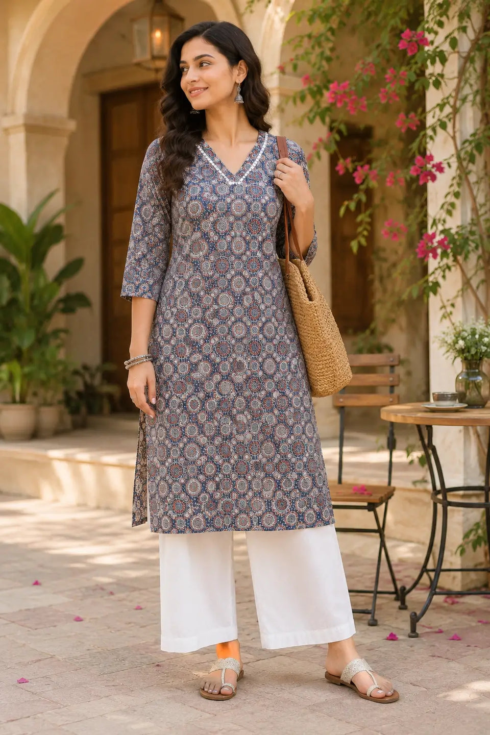 Rabric women blue printed cotton kurti lifestyle look with stylish palazzo pants casual Indian wear