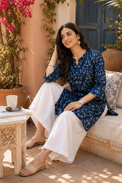 Rabric blue cotton women kurti sitting lifestyle fashion photo with casual accessories and elegant summer ethnic wear styling