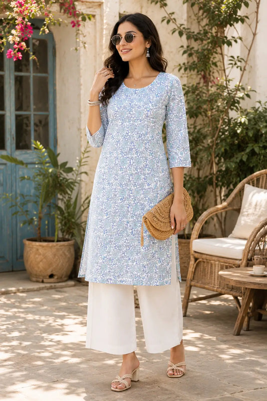 Rabric blue floral cotton women kurti lifestyle fashion look with palazzo pants and casual accessories