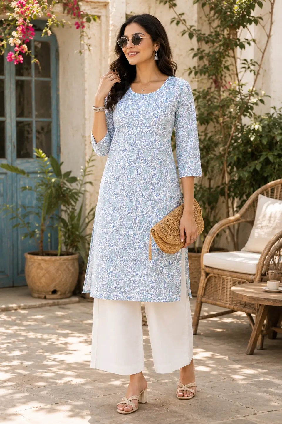 Rabric blue floral cotton women kurti lifestyle fashion look with palazzo pants and casual accessories