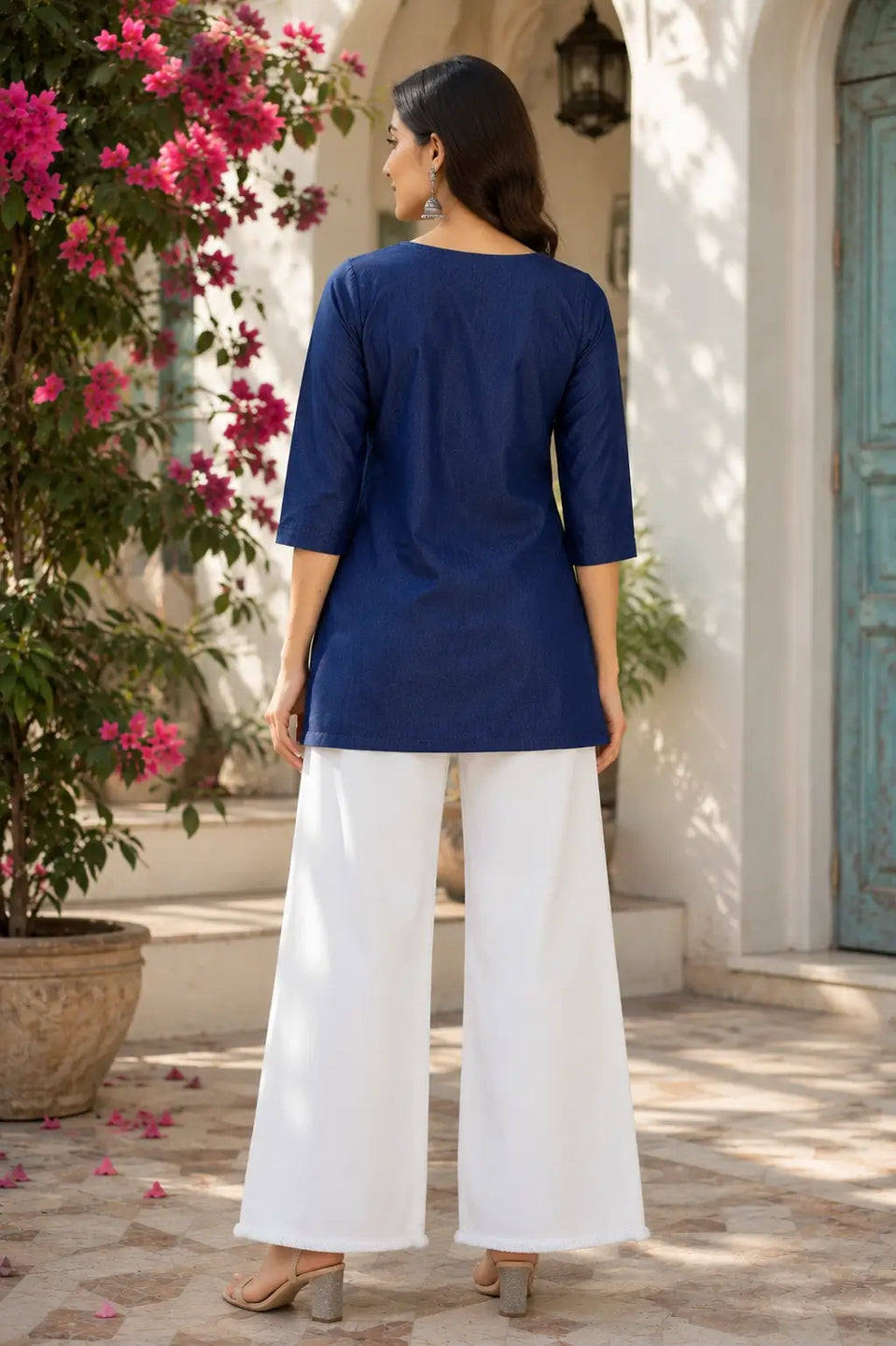 Back view of Rabric blue cotton short top for women with 3-4 sleeves casual ethnic fashion wear