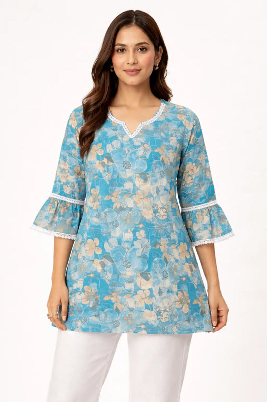 Women blue floral cotton short top front view stylish office wear