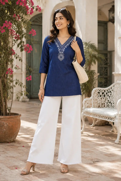 Rabric blue cotton embroidered short top styled with white wide leg jeans for trendy women casual ethnic fashion