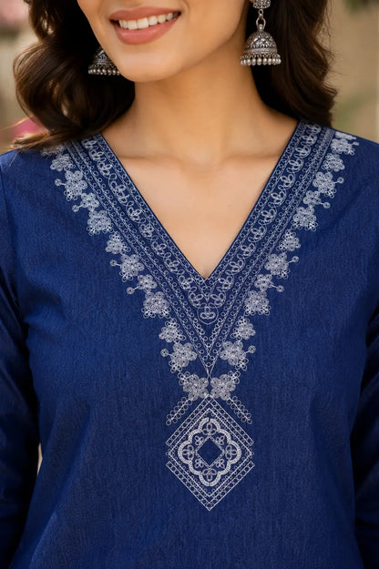 Close up neck embroidery design of Rabric blue cotton V neck short top for women ethnic casual wear