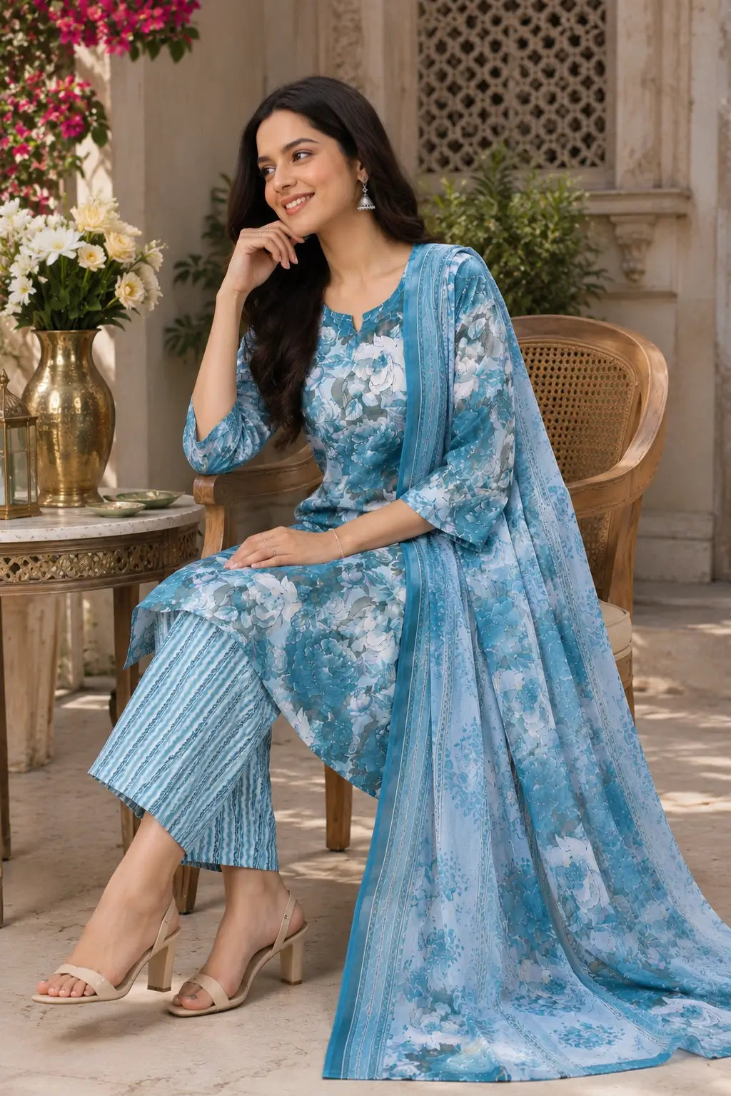 Rabric blue floral cambric cotton kurta pant set with dupatta shown in casual sitting lifestyle pose with elegant accessories