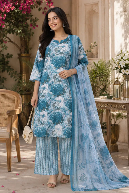 Woman wearing Rabric blue floral cambric cotton kurta pant set with dupatta in elegant ethnic lifestyle look