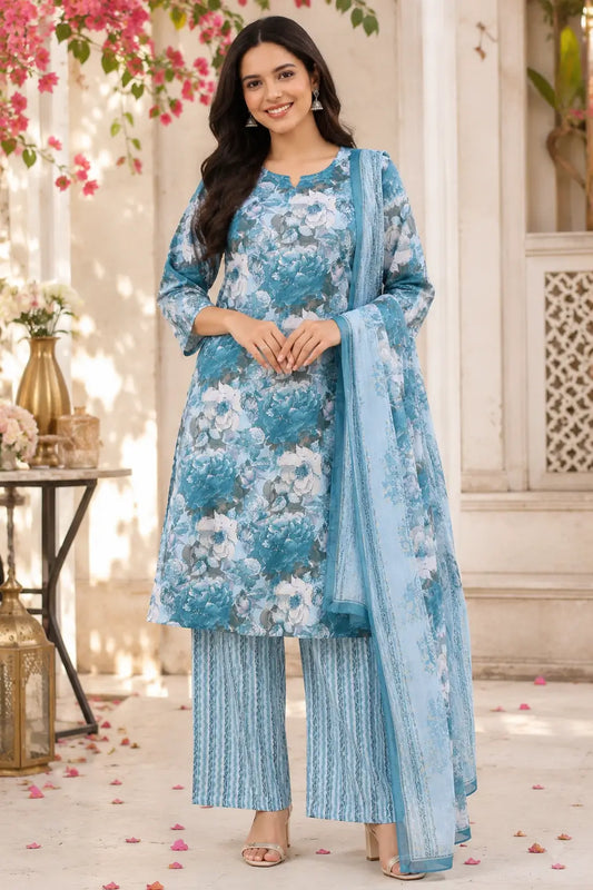 Rabric blue floral cambric cotton kurta pant set with dupatta for women front view featuring 3/4 sleeves and long straight kurta