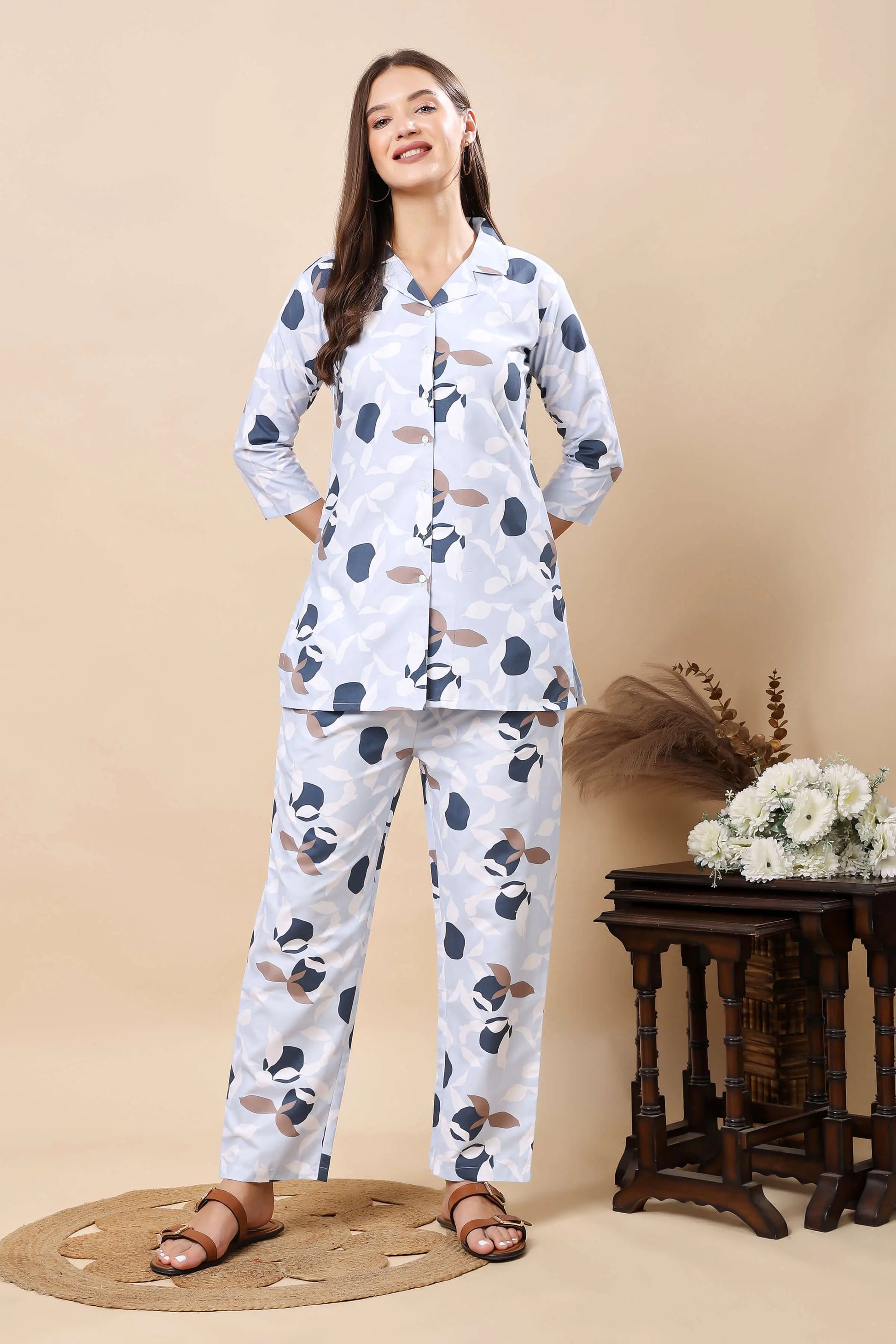 Premium blue floral printed cotton co-ord set for women by Rabric – front view